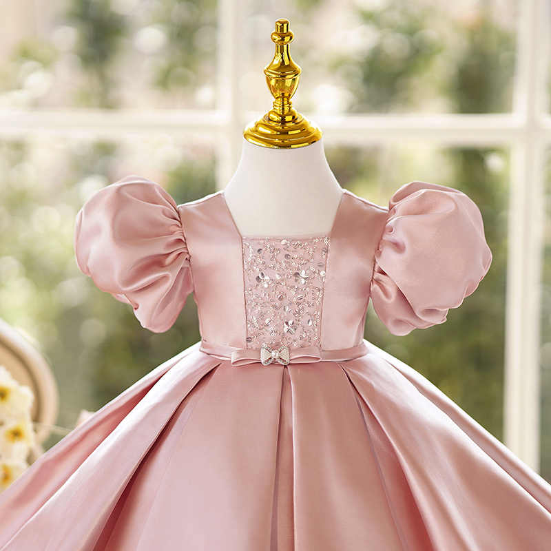 TinyTulle Pink Satin Ball Gown Flower Girl Dress with Crystals and Bow Detail