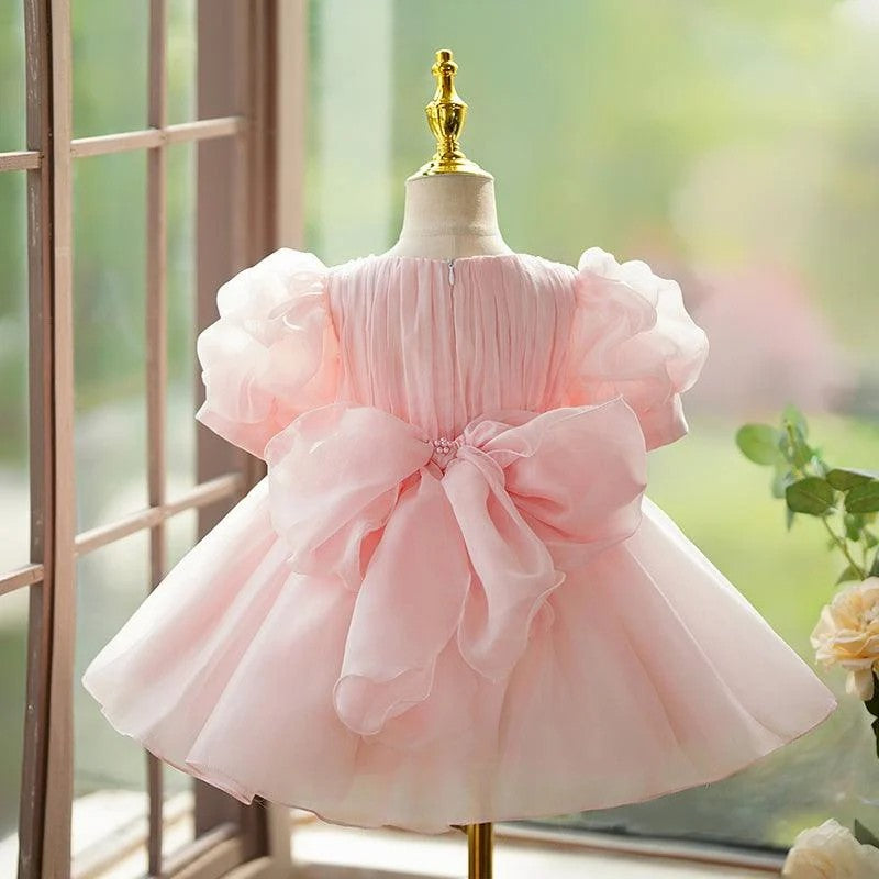 TinyTulle Blush Pink Tulle Baby Girl Dress with Puff Sleeves &amp; Pearl Beaded Details