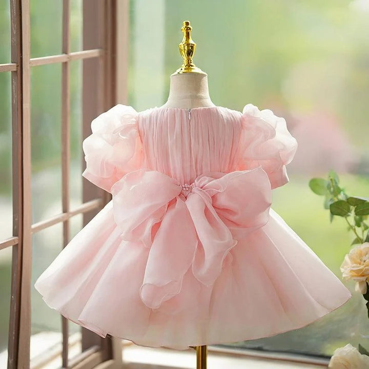 TinyTulle Blush Pink Tulle Baby Girl Dress with Puff Sleeves &amp; Pearl Beaded Details