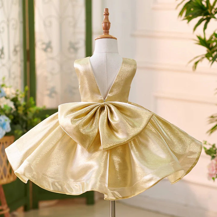 TinyTulle Luxurious Gold Satin Sleeveless V Back Flower Girl Dress with Bow