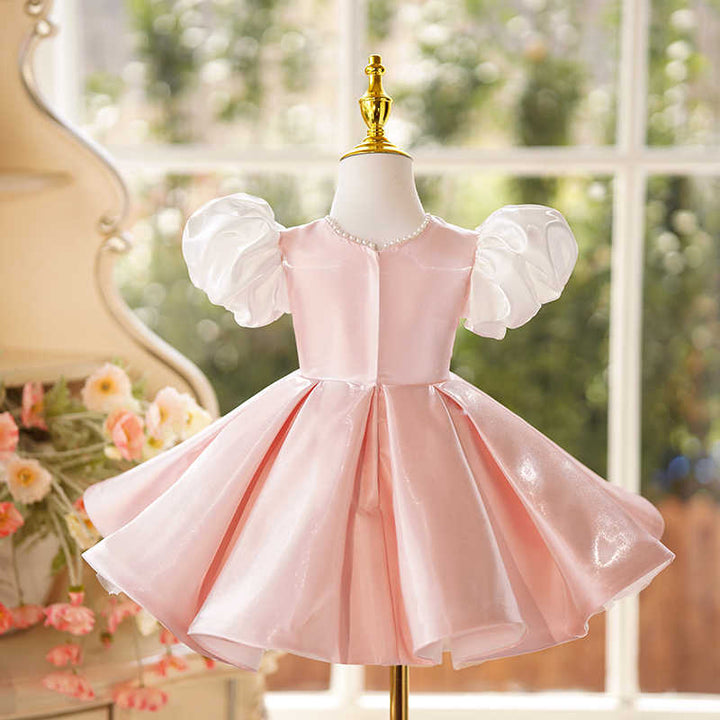TinyTulle Blush Pink Satin Princess Flower Girl Dress with Puffy Sleeves