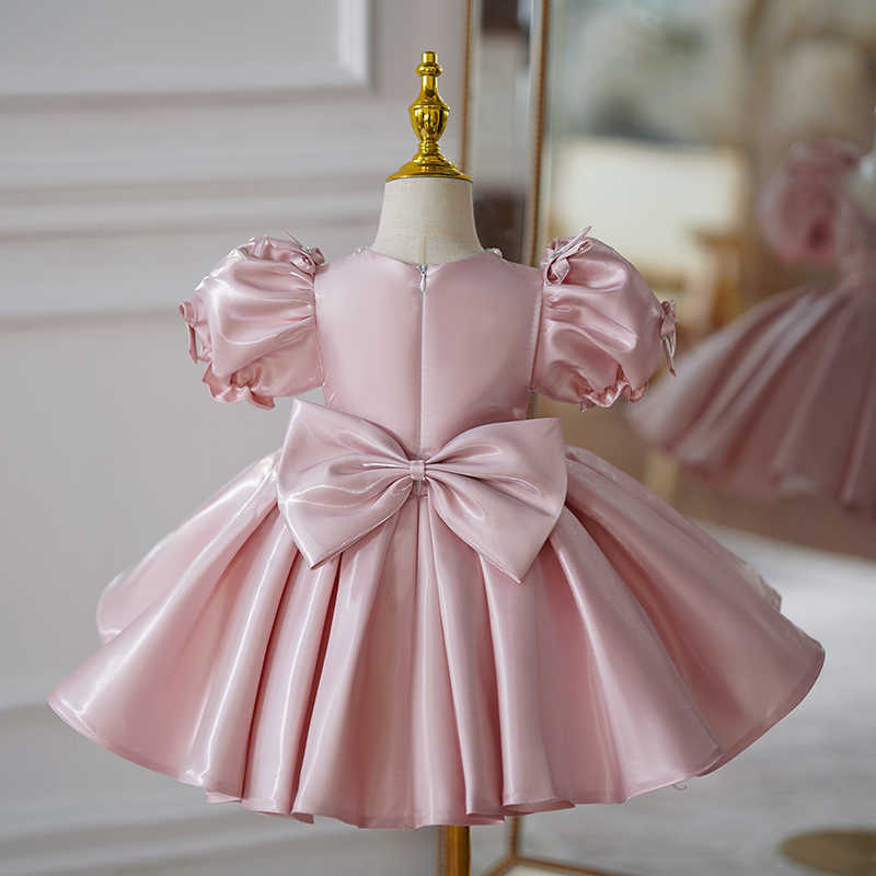 TinyTulle Blush Pink Satin Puff Sleeve Princess Flower Girl Dress with Bow
