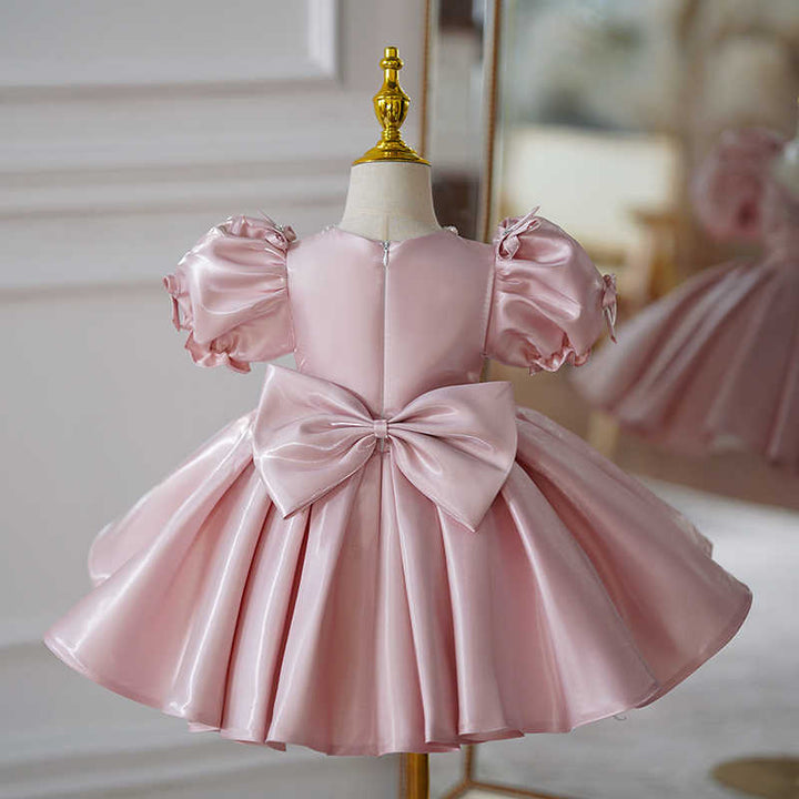TinyTulle Blush Pink Satin Puff Sleeve Princess Flower Girl Dress with Bow