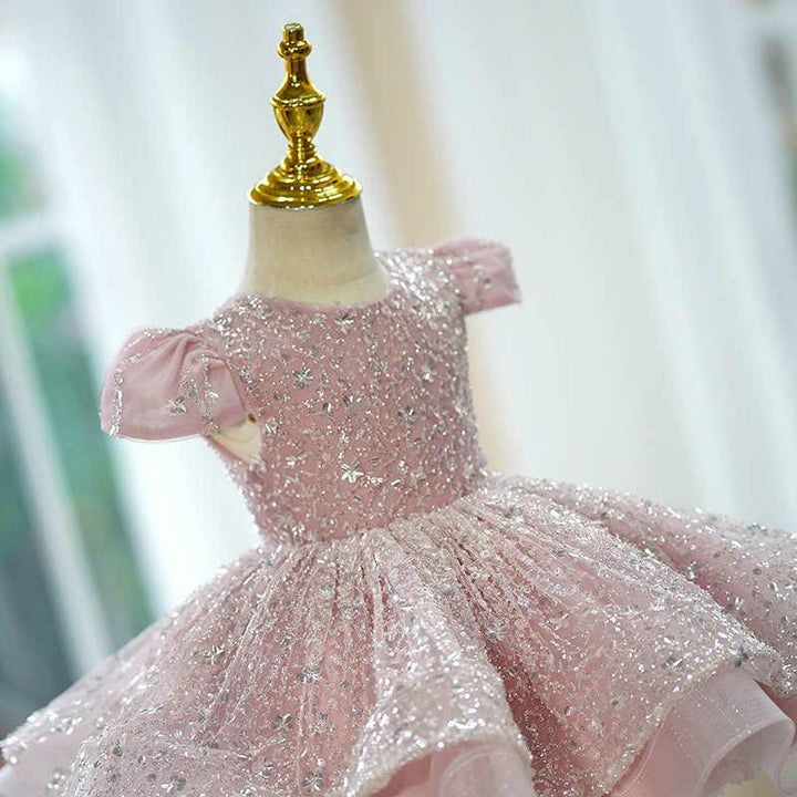 TinyTulle Sweet Pink Glitter Tulle Princess Baby Girl Dress with Star Sequins