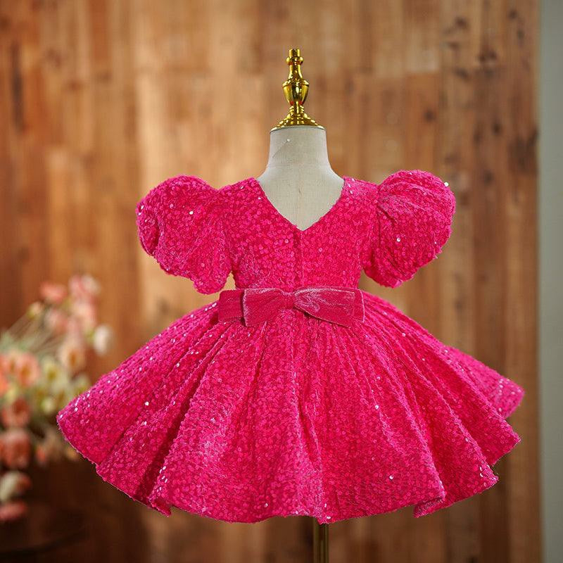 TinyTulle Hot Pink Sequin Puff Sleeve Flower Girl Dress with Velvet Bow for Birthday &amp; Pageant
