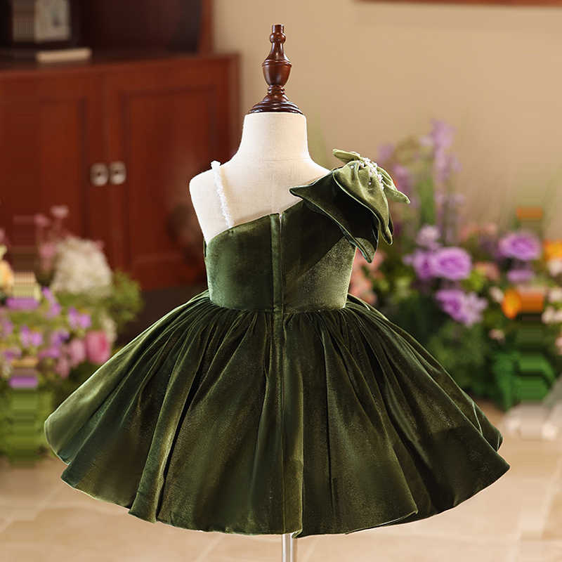 TinyTulle Emerald Velvet One-Shoulder Flower Girl Dress with Statement Bow