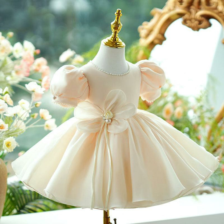 TinyTulle Champagne Satin &amp; Tulle Flower Girl Dress with Puff Sleeves and Floral Bow