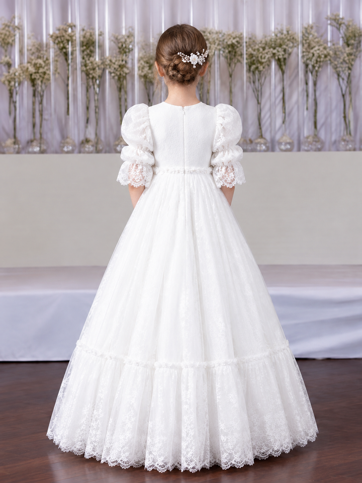 TinyTulle Elegant White Lace Puff Sleeve Flower Girl Dress