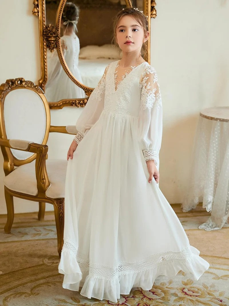 TinyTulle Elegant Ivory Lace Long Sleeve V-Neck Flower Girl Dress with Ruffle Hem