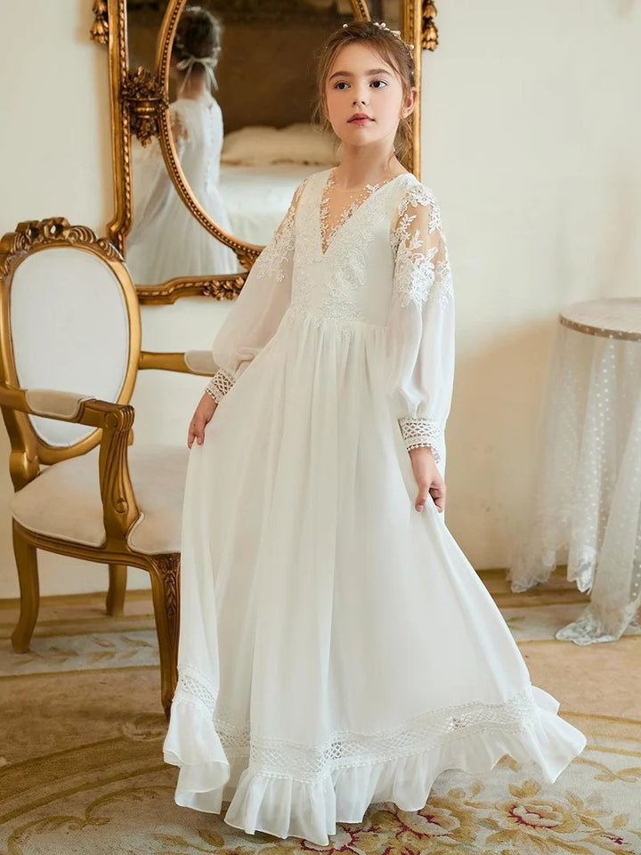 TinyTulle Elegant Ivory Lace Long Sleeve V-Neck Flower Girl Dress with Ruffle Hem