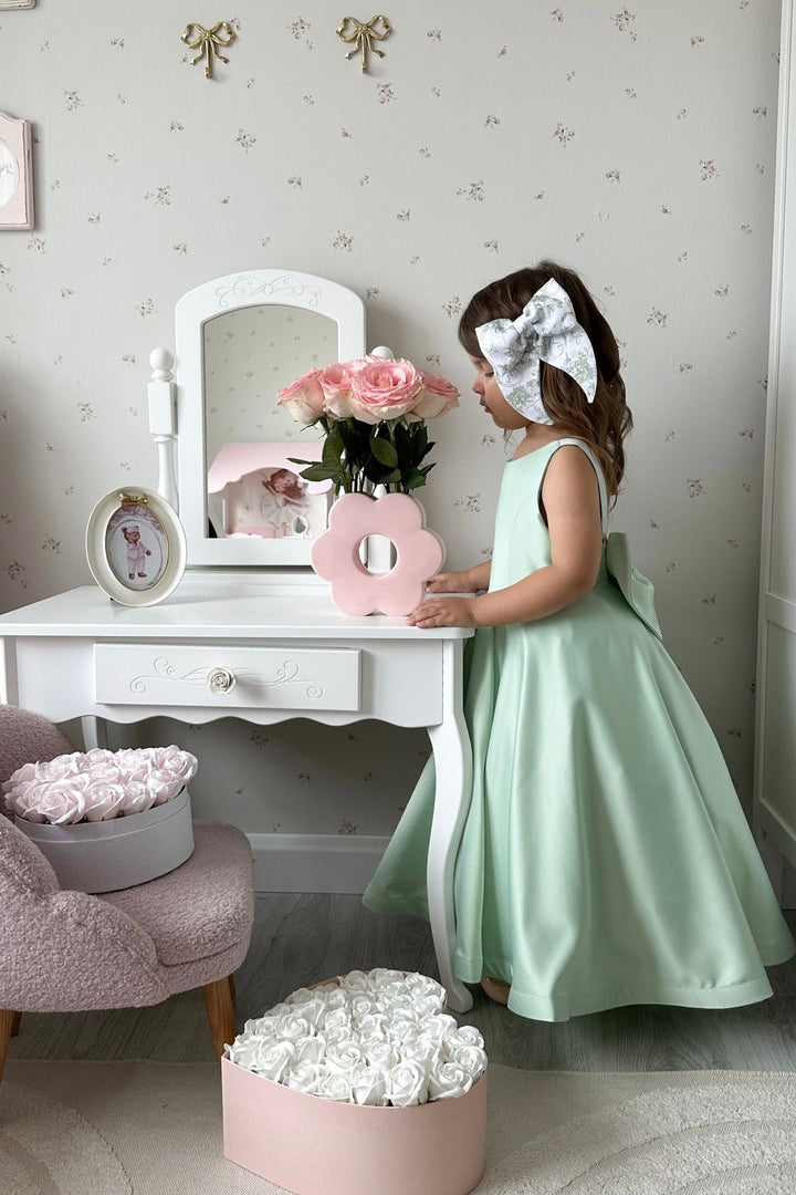 TinyTulle Elegant Sage Green Satin A-Line Flower Girl Dress with Bow
