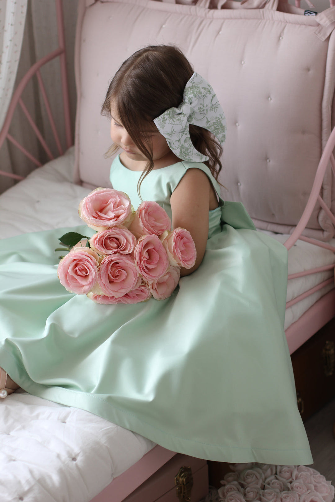 TinyTulle Elegant Sage Green Satin A-Line Flower Girl Dress with Bow