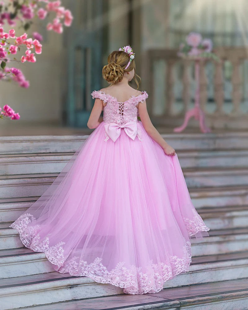 TinyTulle Romantic Pink Sweetheart Tulle Princess Dress with Floral Lace Appliqués