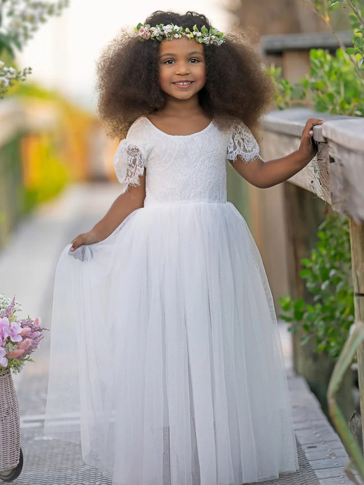 TinyTulle White A-Line Lace Ankle-length Boho Flower Girl Dress