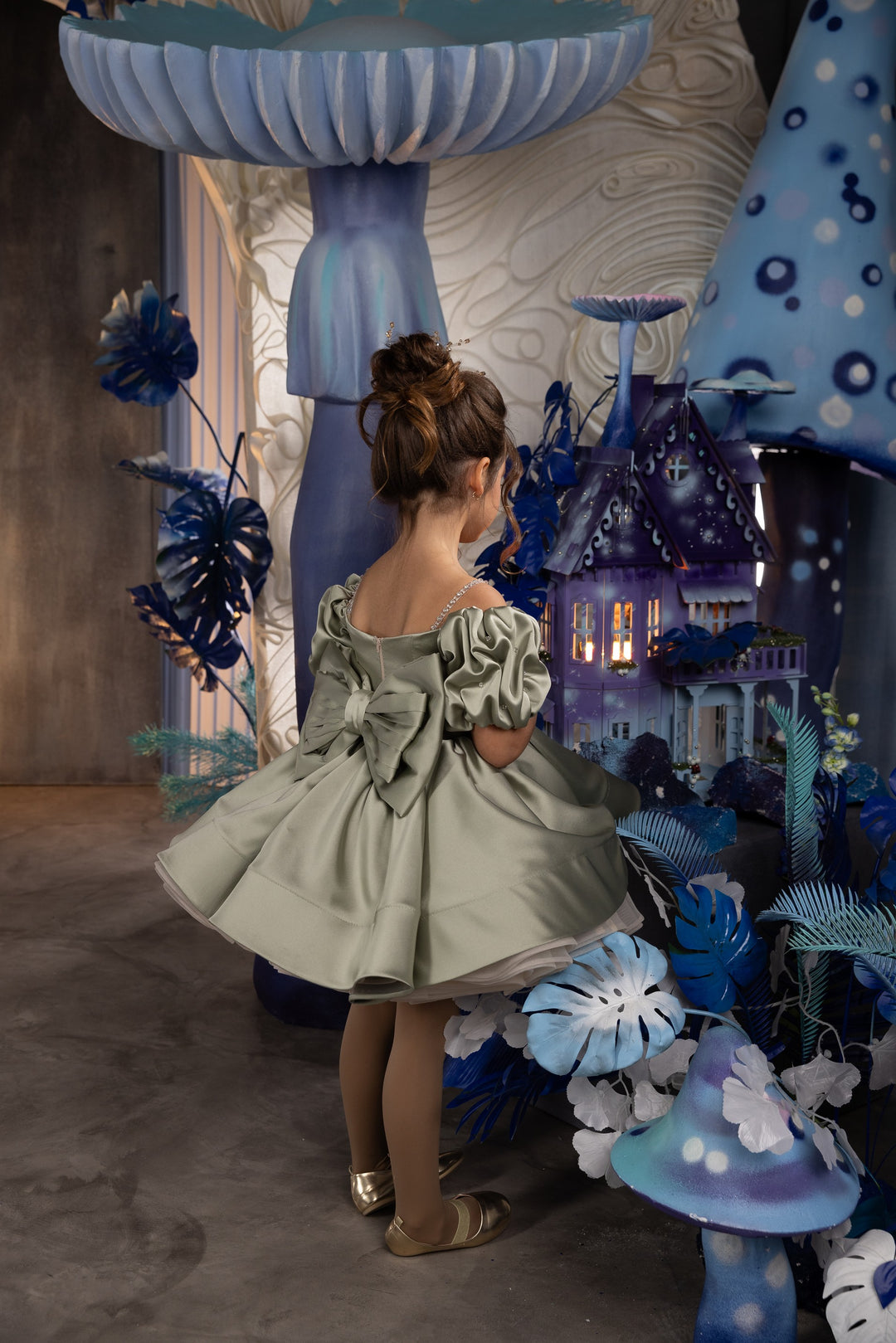 TinyTulle Elegant Sage Satin Puff Sleeve Ball Gown Flower Girl Dress