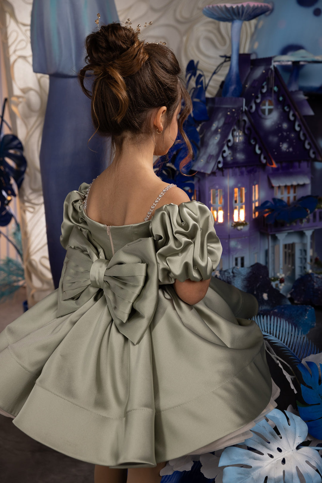TinyTulle Elegant Sage Satin Puff Sleeve Ball Gown Flower Girl Dress