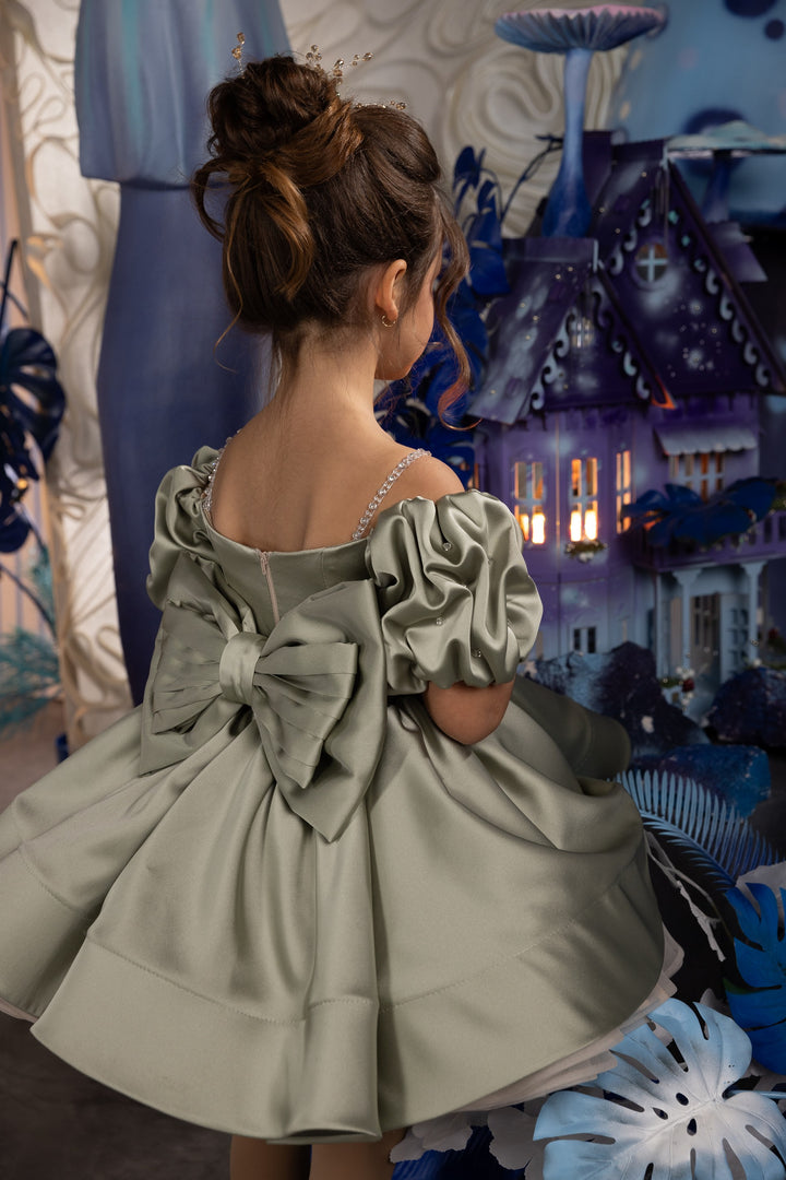 TinyTulle Elegant Sage Satin Puff Sleeve Ball Gown Flower Girl Dress