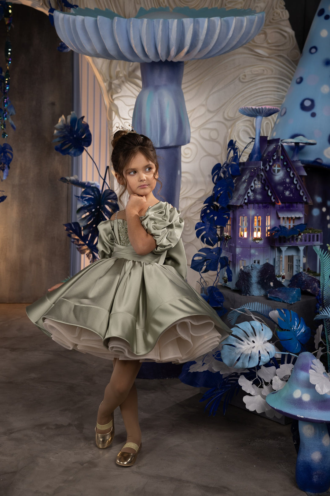 TinyTulle Elegant Sage Satin Puff Sleeve Ball Gown Flower Girl Dress