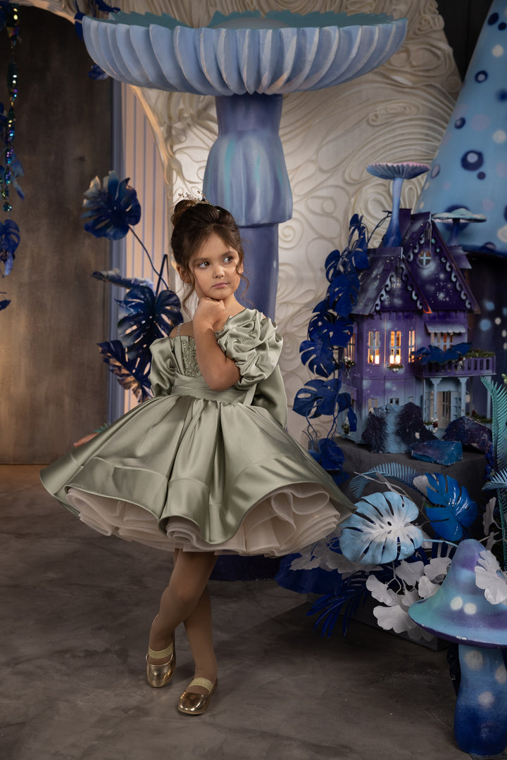 TinyTulle Elegant Sage Satin Puff Sleeve Ball Gown Flower Girl Dress