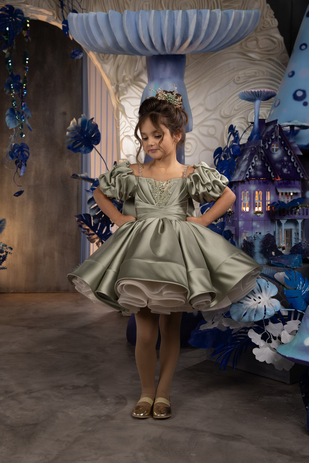 TinyTulle Elegant Sage Satin Puff Sleeve Ball Gown Flower Girl Dress