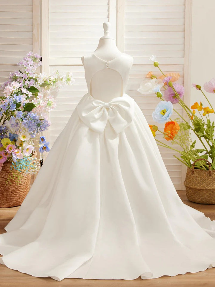 TinyTulle Elegant Satin Ball Gown Flower Girl Dress with Jeweled Belt and Bow