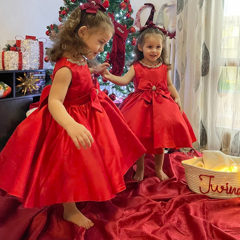 TinyTulle Red Satin A-Line Flower Girl Dress Birthday Dress with Bow &amp; Beaded Detail