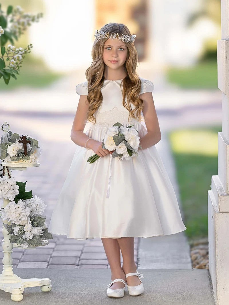 TinyTulle Ivory Satin A-Line Dress with Cap Sleeves for First Communion &amp; Flower Girls