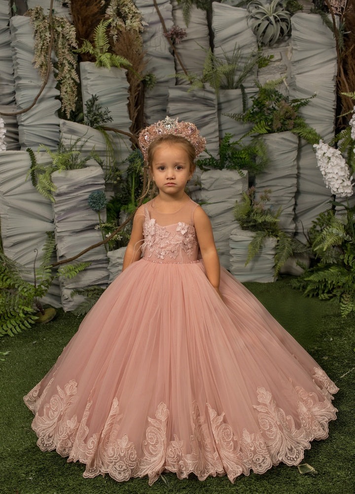 TinyTulle Rose Pink Sleeveless Tulle Flower Girl Dress with Lace Appliqué and Bow