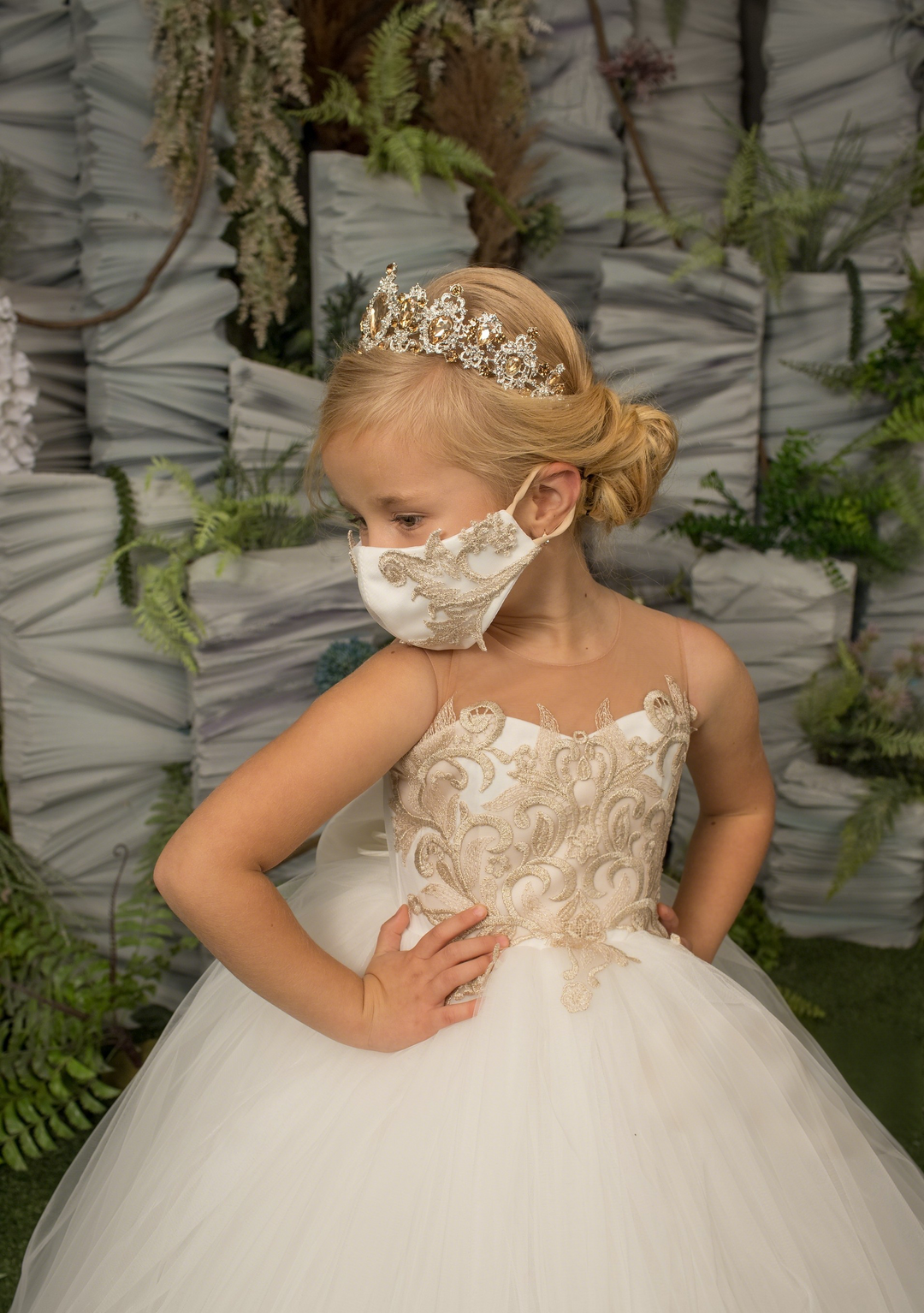 TinyTulle Ivory &amp; Gold Lace Tulle Flower Girl Dress for Special Occasions