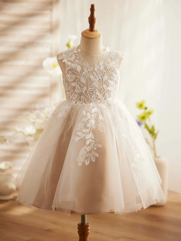 TinyTulle Elegant Ivory &amp; Champagne Tulle A-Line Flower Girl Dress with Floral Lace Appliqués