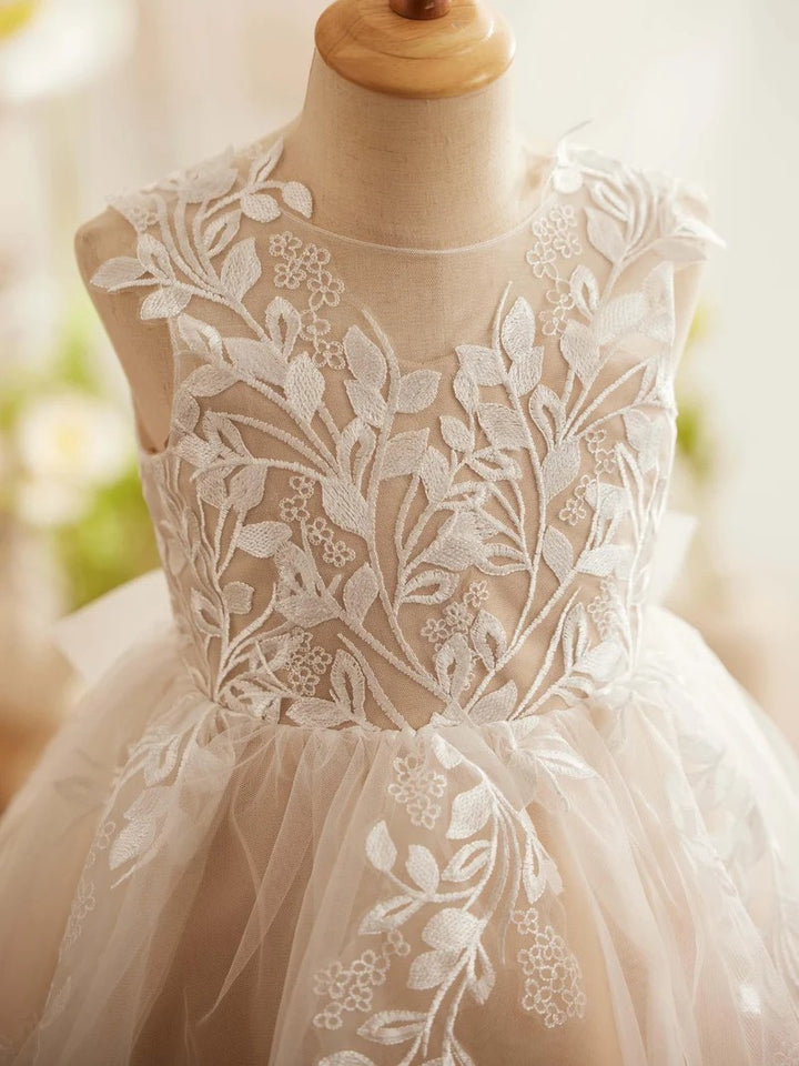 TinyTulle Elegant Ivory &amp; Champagne Tulle A-Line Flower Girl Dress with Floral Lace Appliqués