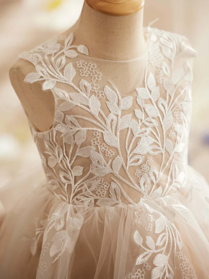 TinyTulle Elegant Ivory &amp; Champagne Tulle A-Line Flower Girl Dress with Floral Lace Appliqués