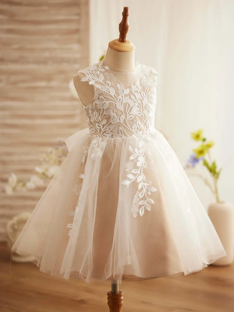 TinyTulle Elegant Ivory &amp; Champagne Tulle A-Line Flower Girl Dress with Floral Lace Appliqués