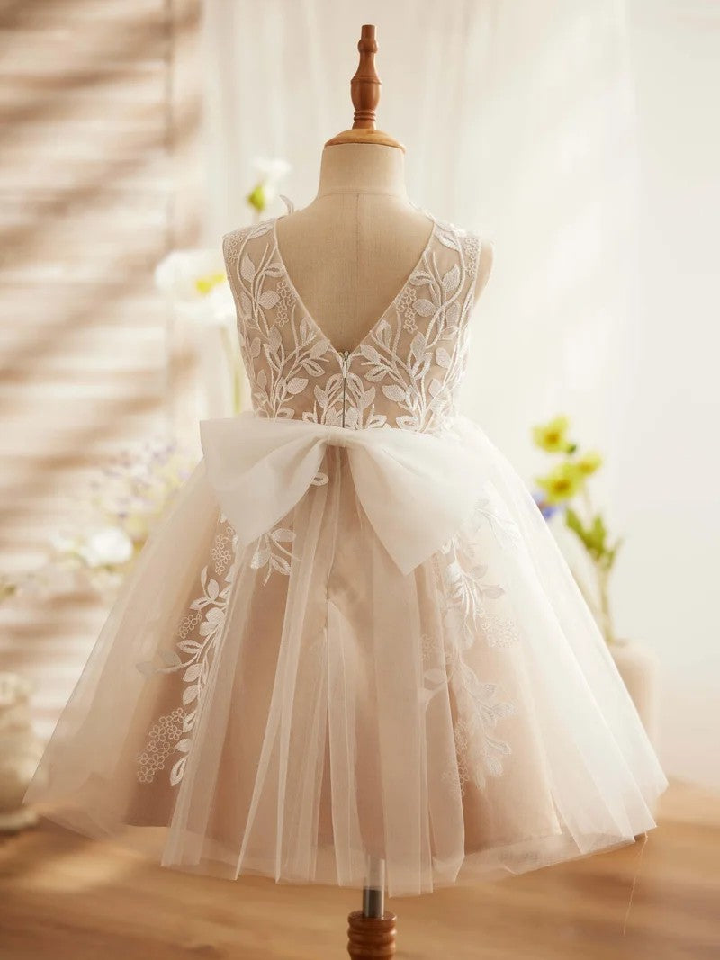 TinyTulle Elegant Ivory &amp; Champagne Tulle A-Line Flower Girl Dress with Floral Lace Appliqués