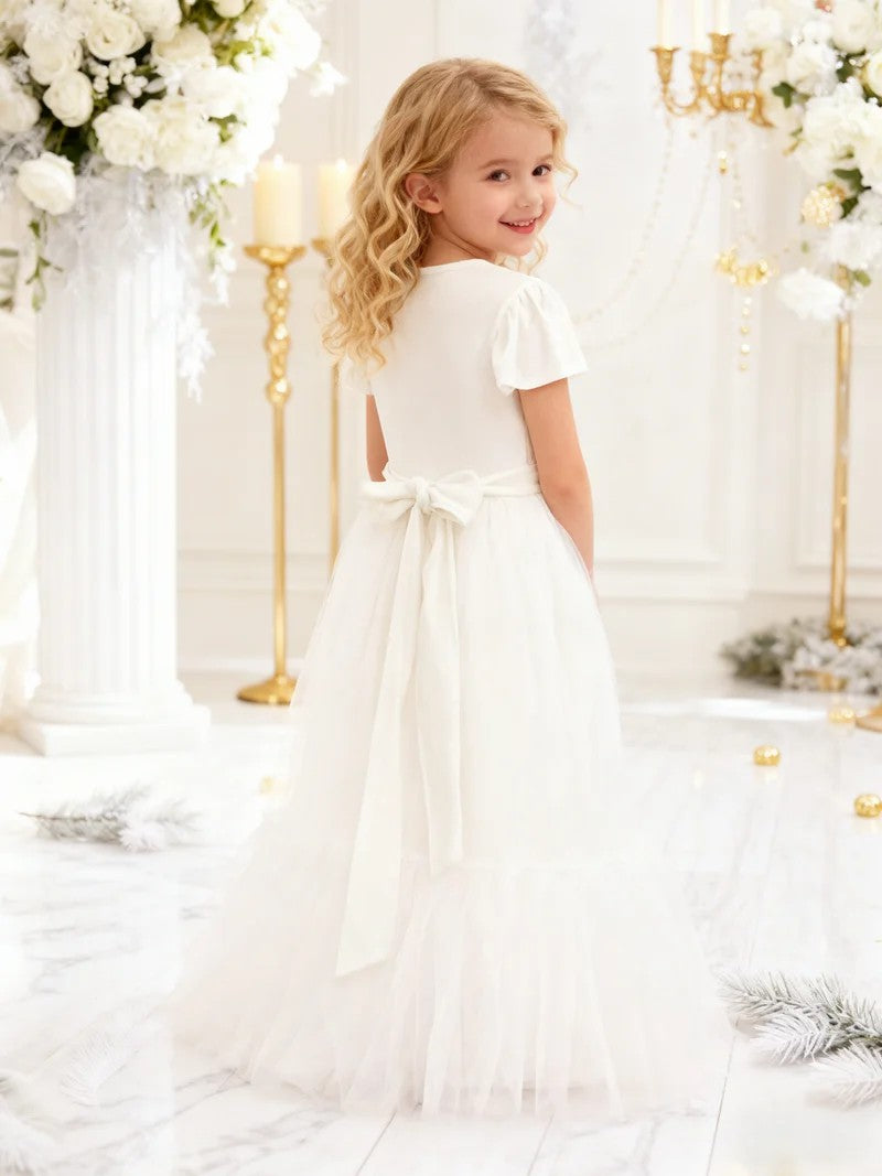 TinyTulle Velvet Tulle A-Line Flower Girl Dress with Flutter Sleeves for First Communion
