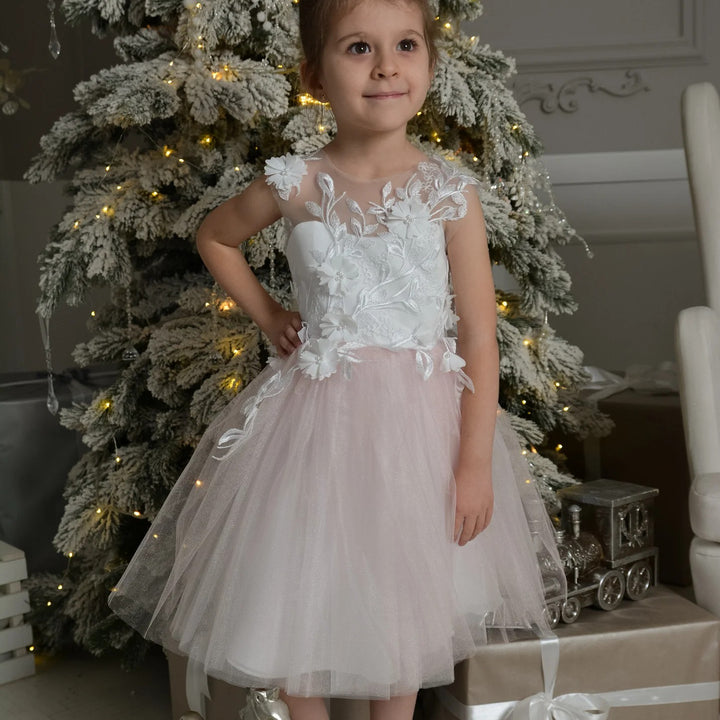 TinyTulle Elegant Floral Appliqué Tulle Knee-Length Flower Girl Dress with Bow