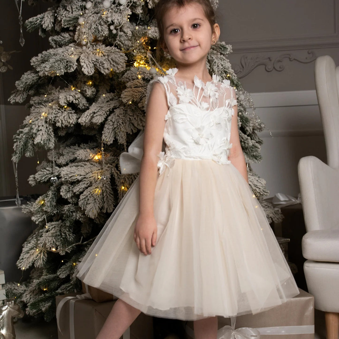 TinyTulle Elegant Floral Appliqué Tulle Knee-Length Flower Girl Dress with Bow