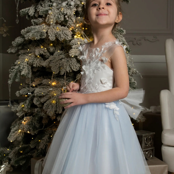 TinyTulle Elegant Floral Appliqué Tulle Knee-Length Flower Girl Dress with Bow