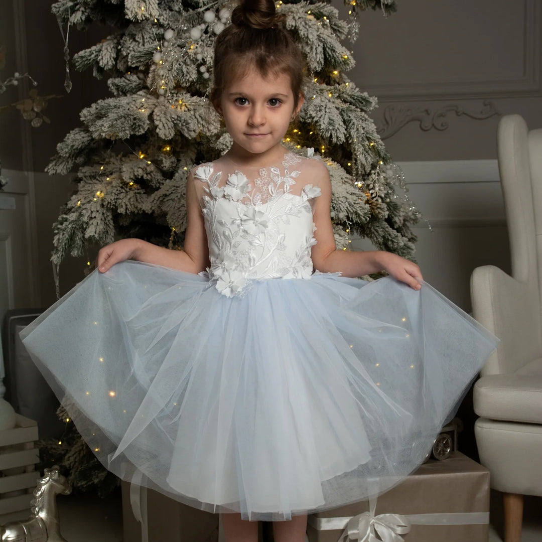 TinyTulle Elegant Floral Appliqué Tulle Knee-Length Flower Girl Dress with Bow
