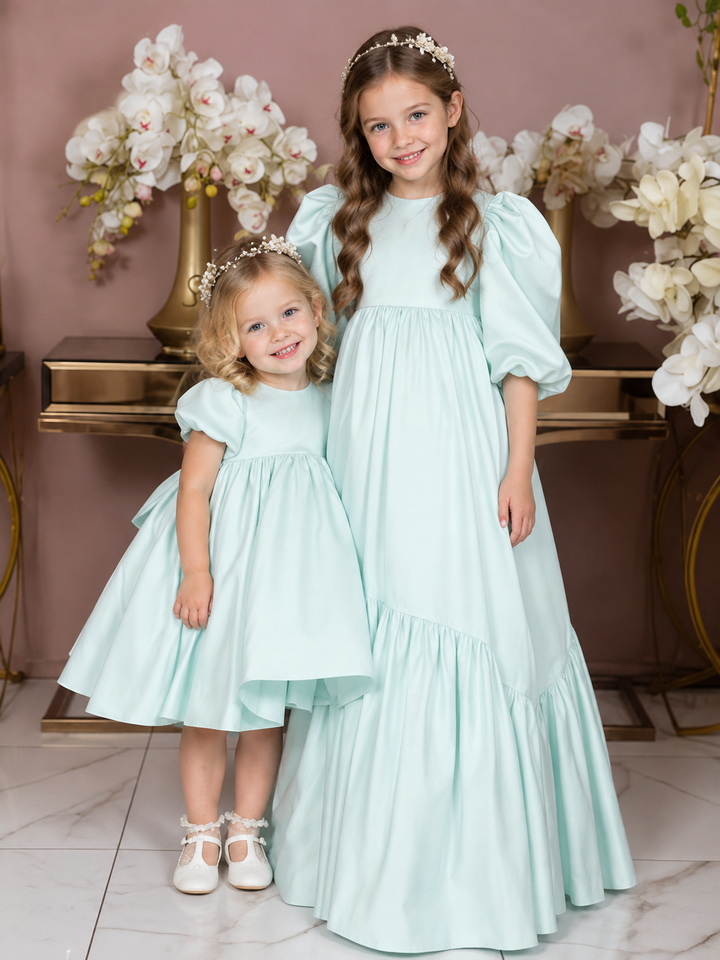 TinyTulle Mint Green Puff Sleeve Satin Flower Girl Dress with Oversized Bow