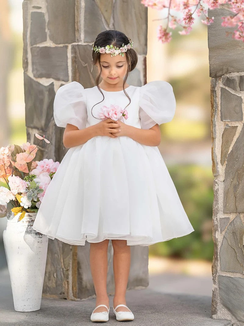 TinyTulle Light Blue Organza Puff Sleeve Flower Girl Dress with Bow Back