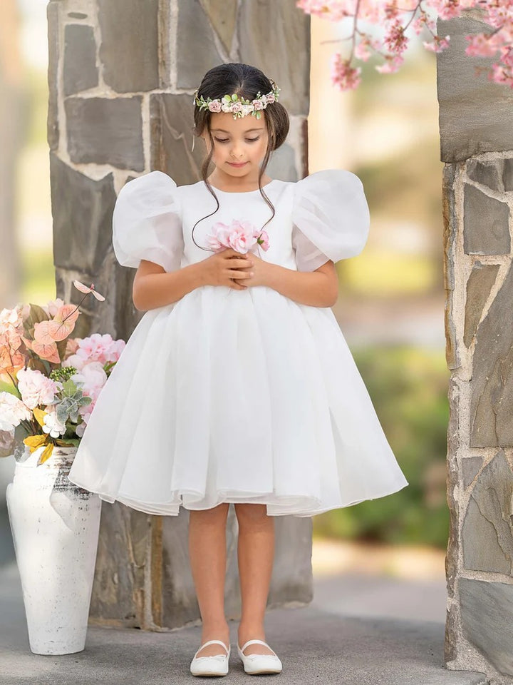TinyTulle Light Blue Organza Puff Sleeve Flower Girl Dress with Bow Back