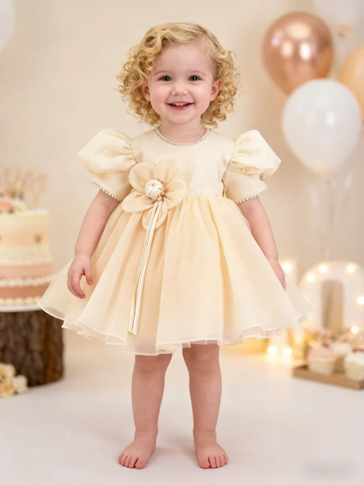 TinyTulle Champagne Satin &amp; Tulle Flower Girl Dress with Puff Sleeves and Floral Bow