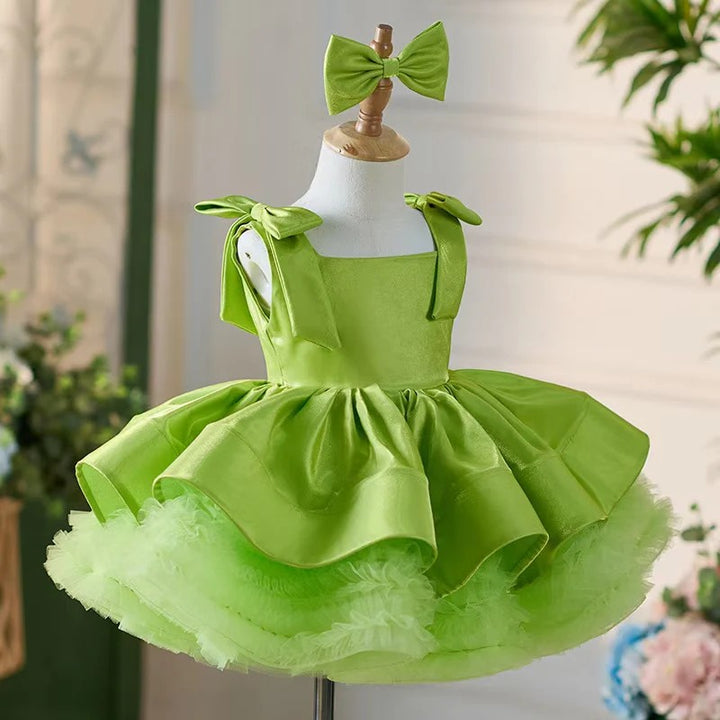 TinyTulle Satin Bow-Shoulder Sleeveless Tulle Knee-Length Flower Girl Tutu Dress