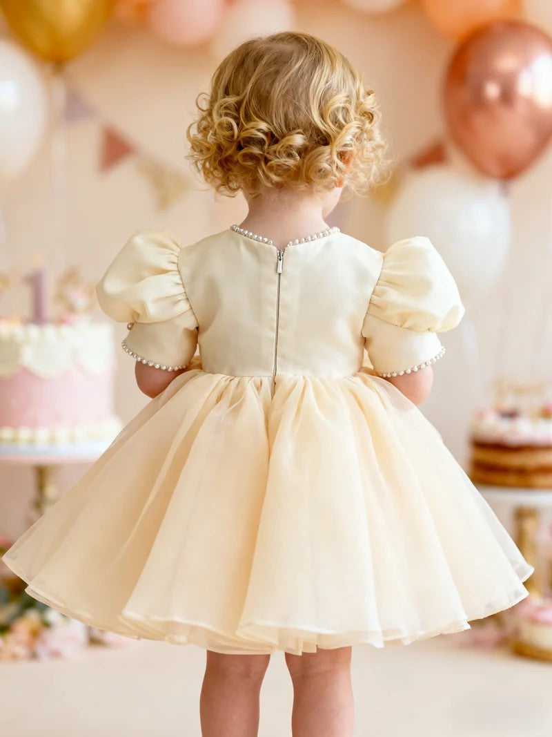 TinyTulle Champagne Satin &amp; Tulle Flower Girl Dress with Puff Sleeves and Floral Bow