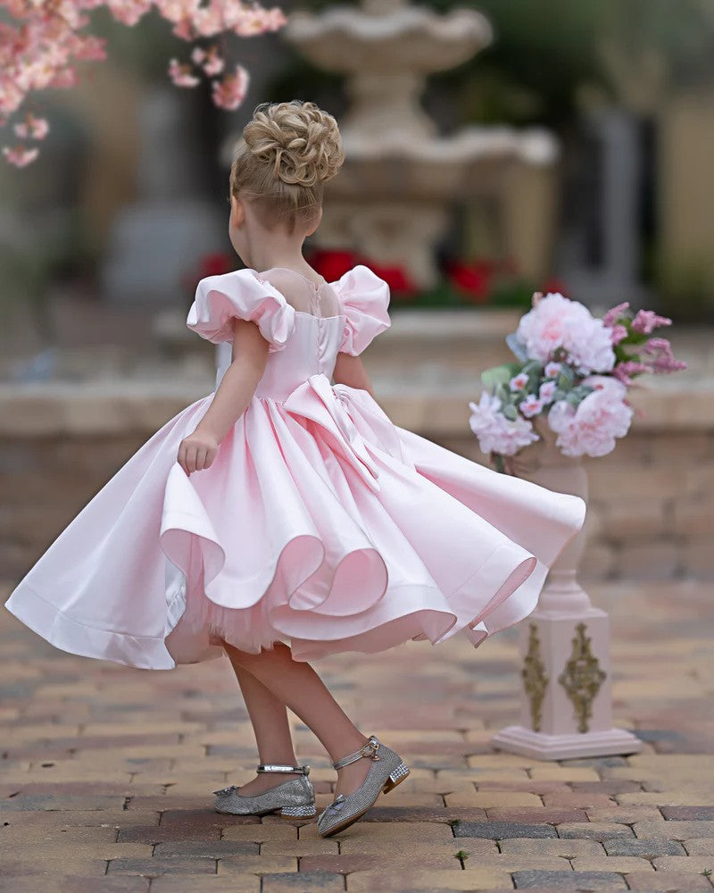 TinyTulle Elegant Puff Sleeve Satin A-Line Flower Girl Dress with Bow