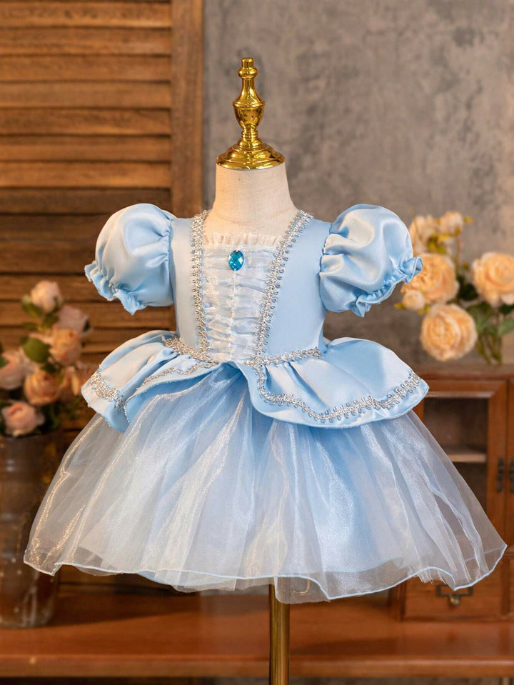 TinyTulle Baby Girl Princess Puff Sleeve Tulle Ball Gown Dress for Special Occasions