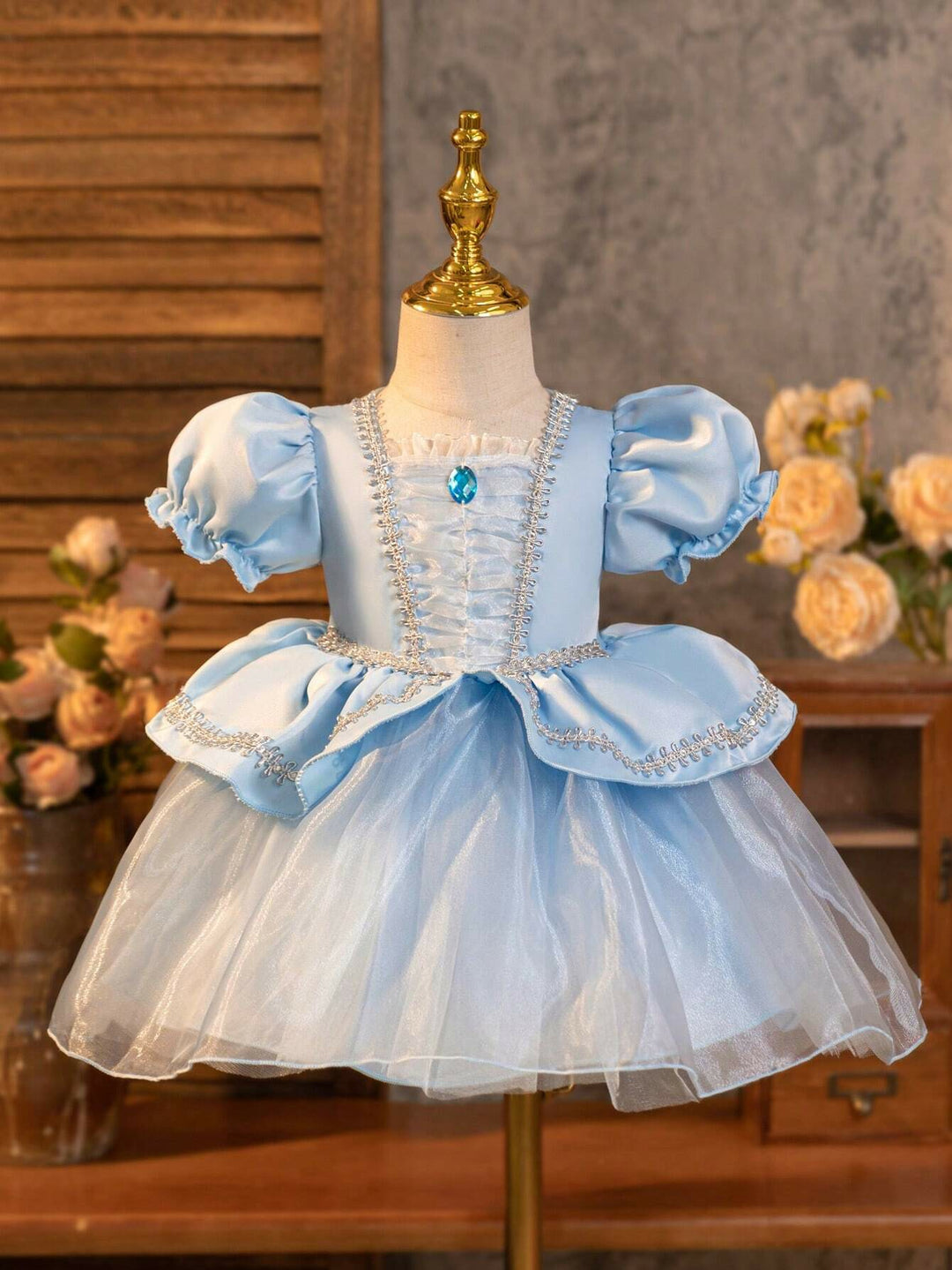 TinyTulle Baby Girl Princess Puff Sleeve Tulle Ball Gown Dress for Special Occasions