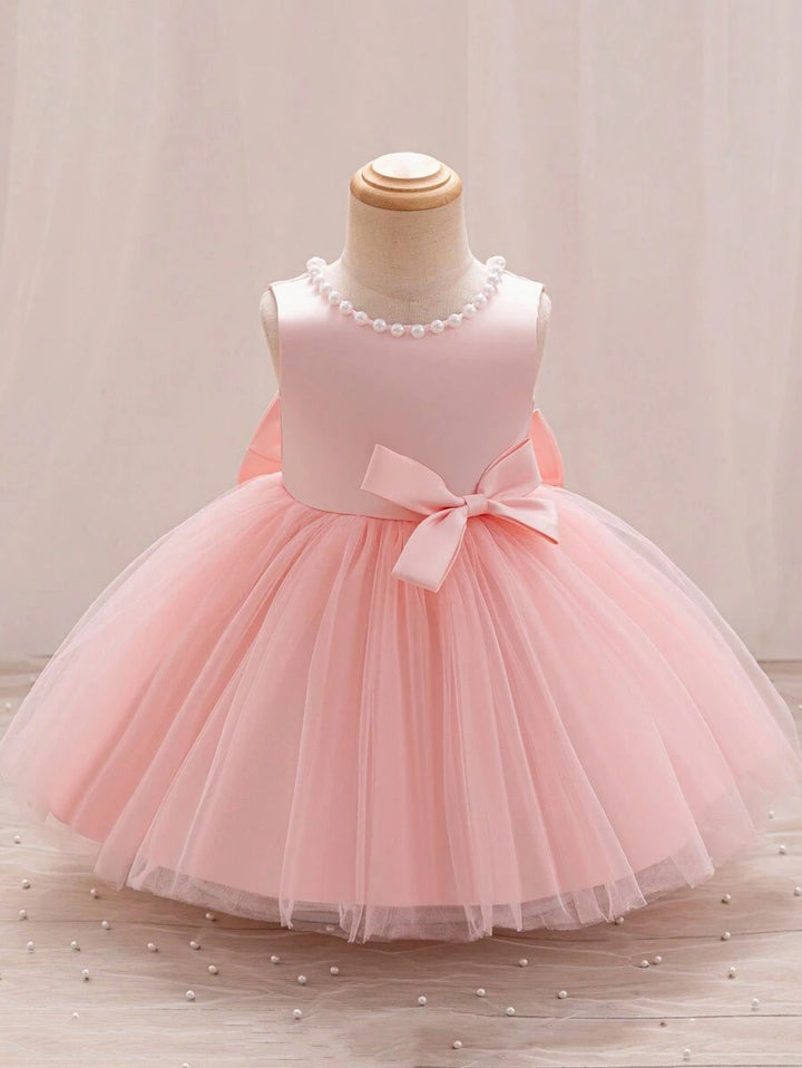 TinyTulle Satin Beaded Tulle Baby Girl Princess Dress with V-Back &amp; Big Bow