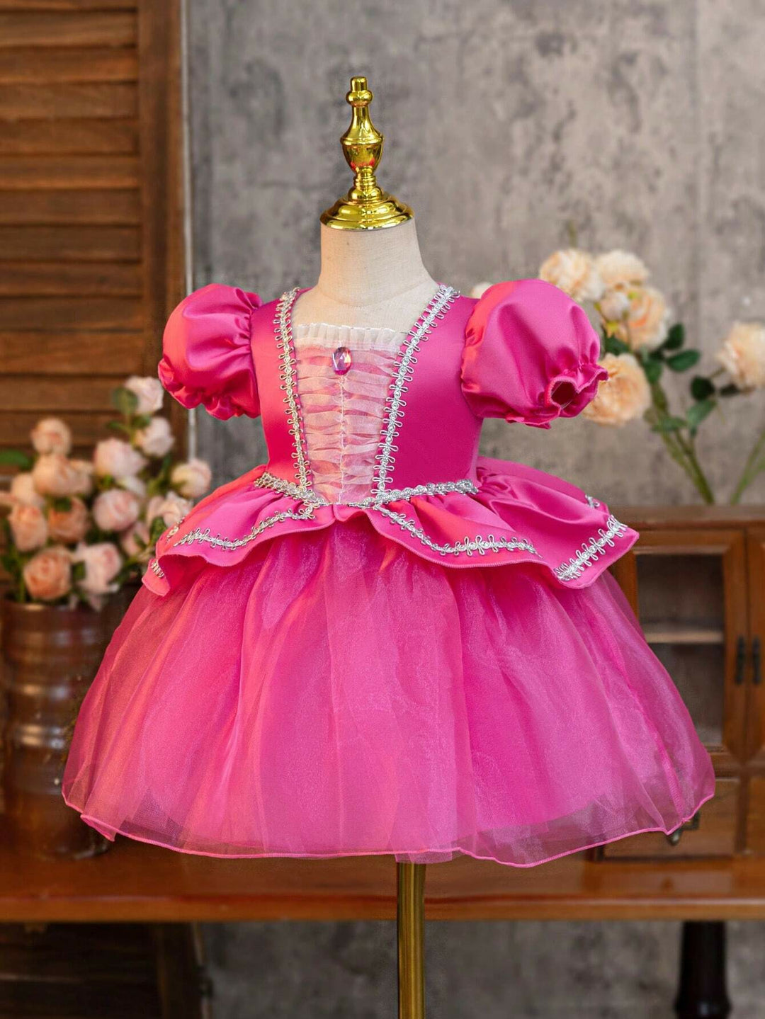 TinyTulle Baby Girl Princess Puff Sleeve Tulle Ball Gown Dress for Special Occasions
